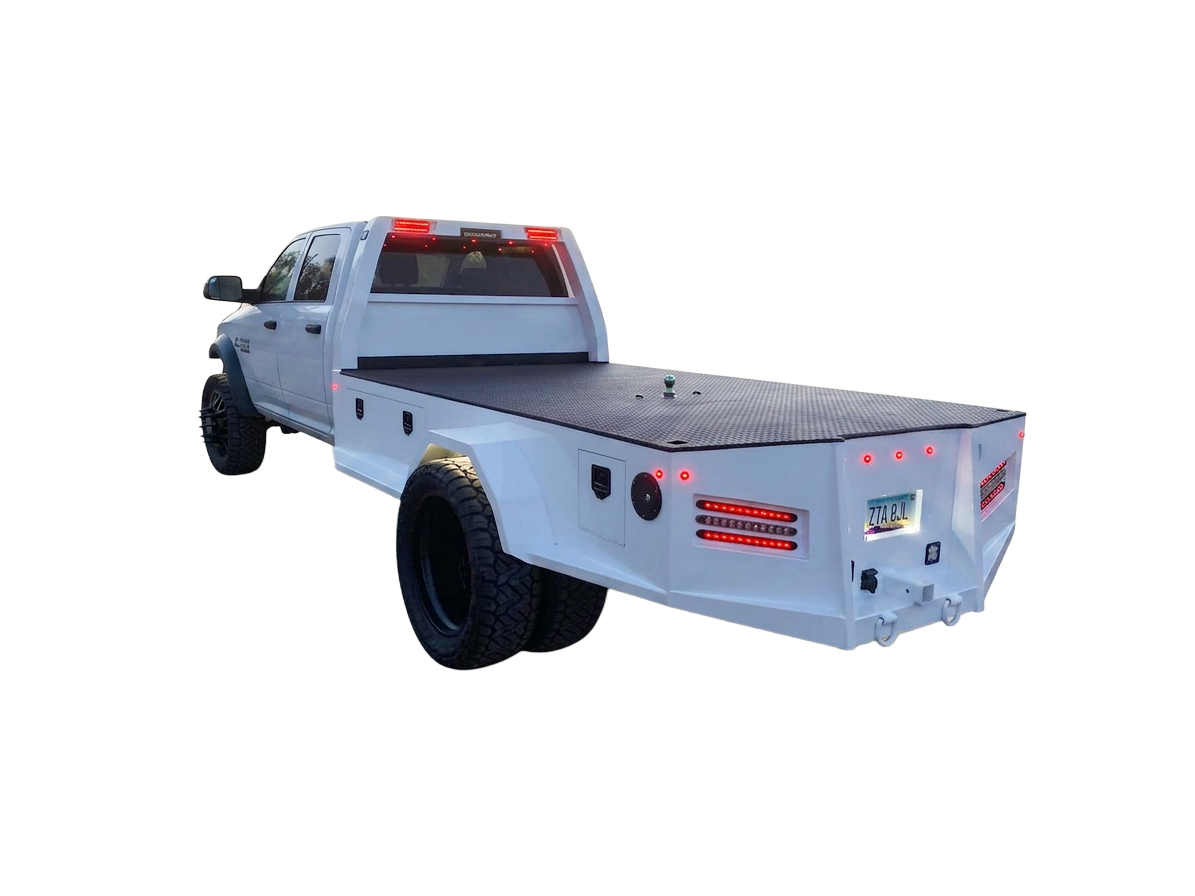 Ram 5500 white skirted flatbed build
